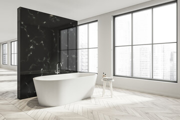 Fototapeta na wymiar Panoramic empty white bathroom with wood-look floor and black partition. Corner view