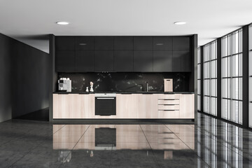 Dark kitchen room interior with large panoramic windows