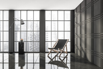 Dark living room interior with panoramic window with skyscraper view