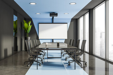 Office room interior with white empty roll up banner