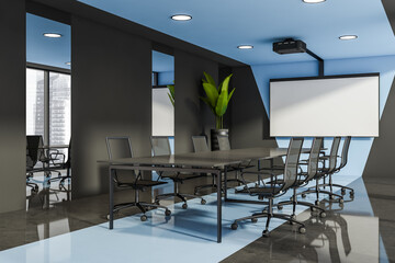 Office room interior with white empty roll up banner