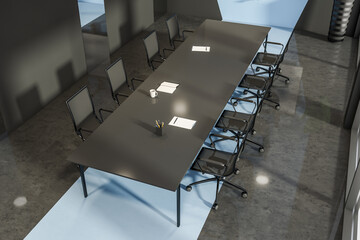 Office room interior with large table and eight armchairs