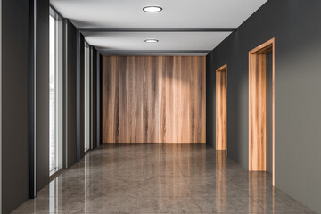 Office room interior with panoramic window and tile floor