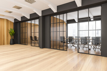Sliding doors to conference rooms. Corner view.