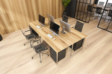 Fototapeta na wymiar Wooden workplace with four person office desk in the center. Top view.