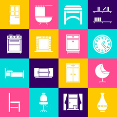 Set Vase, Armchair, Clock, Chair, Makeup mirror with lights, Oven, Closed door and Furniture nightstand icon. Vector