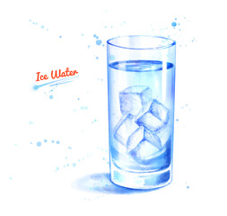Watercolor glass of water with ice cubes