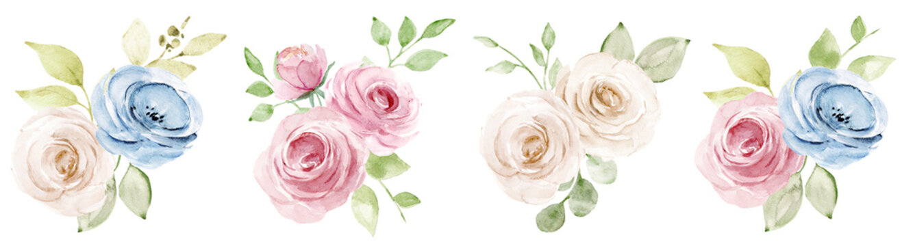 Set watercolor flowers hand painting, floral vintage bouquets with pink and blue roses. Decoration for poster, greeting card, birthday, wedding design. Isolated on white background.
