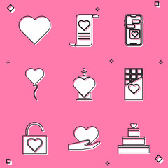 Set Heart, Envelope with Valentine heart, Mobile, Balloon form of, Bottle love potion, Chocolate bar, Lock and and hand icon. Vector