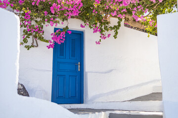 Old blue door and pink flowers, traditional Greek architecture, Santorini island, Greece. Romantic street scenic of Oia, Santorini, white houses blue door. Artistic fine art background travel vacation