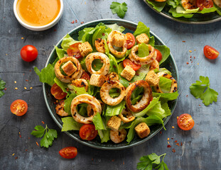 Grilled squid or calamari and prawns salad with garlic croutons and cherry tomatoes