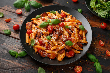 Sausage penne Pasta with tomato sauce, parmesan cheese and basil on black plate
