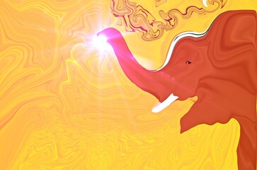 Red elephant head with glass, side view, golden yellow background.