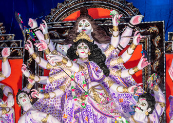 Close up view of Maa Durga's Face during Durga Puja festival.