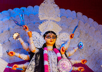 Close up view of Maa Durga's Face during Durga Puja festival.