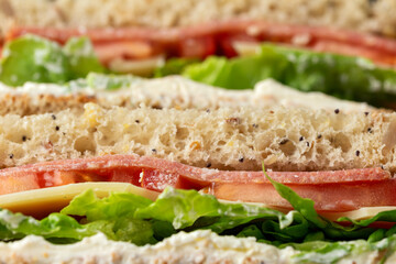 Sandwiches with lettuce, slices of fresh tomatoes, salami and cheese.