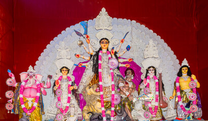 Idols of Hindu Goddess Maa Durga with her childrens during the Durga Puja festival.