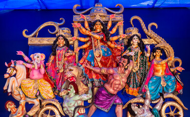 Idols of Hindu Goddess Maa Durga with her childrens during the Durga Puja festival.