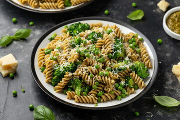Green peas, broccoli pasta with pesto sauce and parmesan cheese. healthy food.