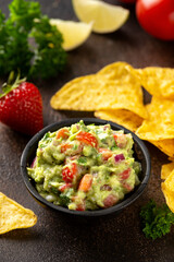Strawberry and avocado guacamole, salsa with crispy tortilla chips