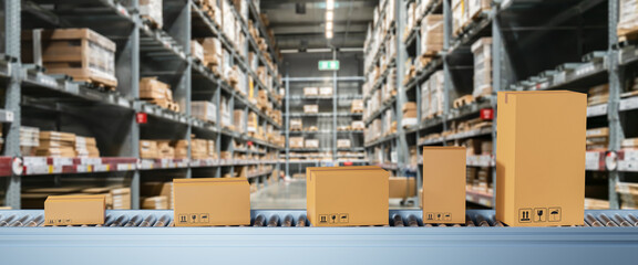 Smart warehouse management system concept.Cardboard boxes on conveyor rollers ready to be shipped by courier for distribution in warehouse.Huge distribution warehouse with high shelves and loaders. - obrazy, fototapety, plakaty
