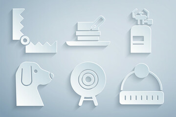 Set Target sport, Camping gas stove, Dog, Winter hat, Hunter with feather and Trap hunting icon. Vector