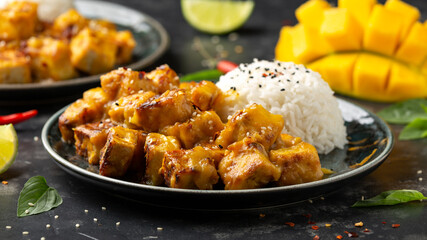 Mango Sticky tofu with jasmine rice and Thai basil