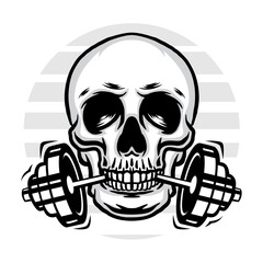 Skull with barbell in mouth