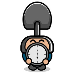 Cartoon character doodle cute farmer shovel costume mascot costume holding time