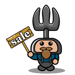 cartoon character doodle character cute farmer's fork mascot costume holding a selling board