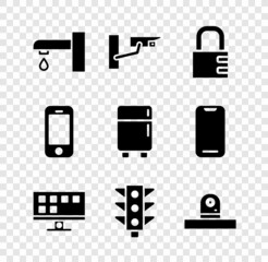 Set Water tap, Security camera, Safe combination lock, Smart Tv, Traffic light, Smartphone and Refrigerator icon. Vector