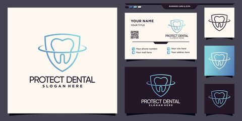 Dental and shield logo with line art style and business card design Premium Vector