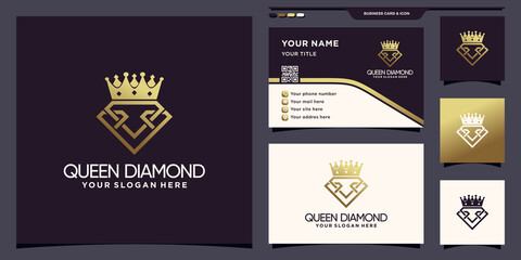 Queen diamond logo template with golden gradient style color and business card design Premium Vector