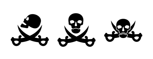 Human skull in side and full face view and crossed sabers. Pirate sign and symbol for design. Isolated illustration in flat style on white background. Image of danger to humans. Icon of hazard to life