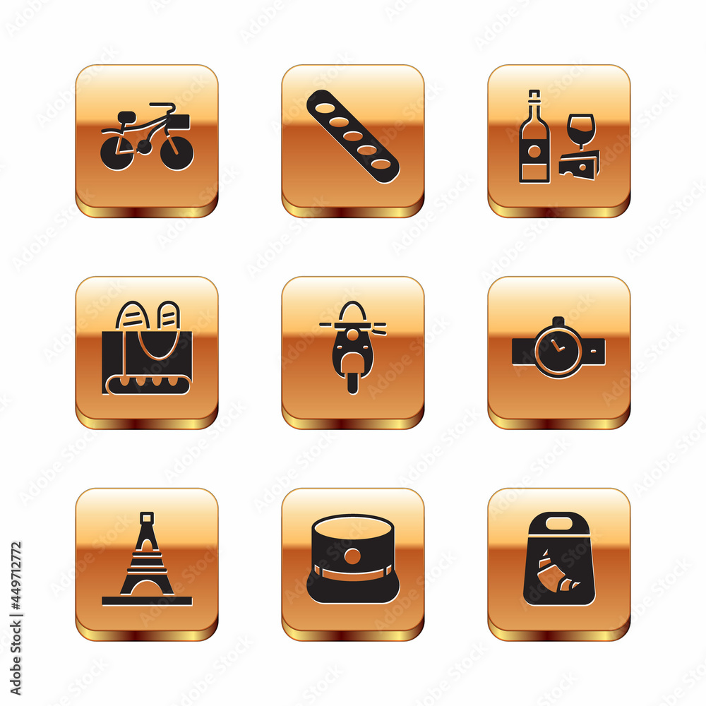 Sticker Set Bicycle, Eiffel tower, Kepi, Scooter, French baguette bread, Wine bottle with cheese, Croissant package and icon. Vector