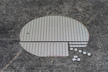 A microcircuit of a powerful Darlington transistor on a cut scribed semiconductor silicon...