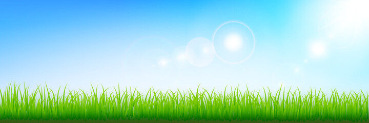 Fototapeta na wymiar Illustrated background with grass border and sunlight against blue sky. Illustrate sky scene. 
