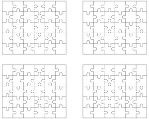 Illustration of four different white puzzles, separate pieces