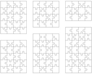 Illustration of six different white puzzles, separate pieces