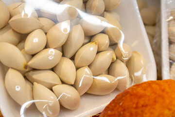 A view of a packages of wrapped ginkgo nuts at the grocery store.