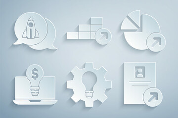 Set Light bulb and gear, Financial growth, with dollar on laptop, Job promotion, and Startup project concept icon. Vector
