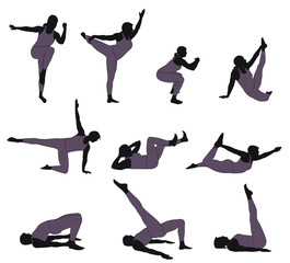 Vector silhouettes of girl in costume doing fitness and yoga exercises.  Icons of flexible woman stretching her body in different yoga poses. Set of black shapes of woman isolated on white background.