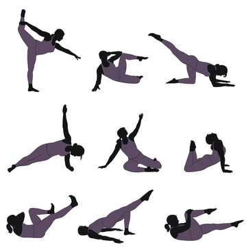Set of vector silhouettes of woman practicing yoga and fitness. Shapes of slim girl in costume doing yoga exercises in different poses isolated on white background. Yoga icons.