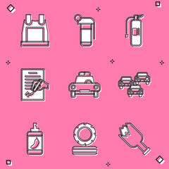 Set Bulletproof vest, Hand grenade, Fire extinguisher, Petition, Police car flasher, Traffic jam, Pepper spray and Lying burning tires icon. Vector