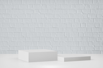 Display product stand, Two white blocks podium on white paint bricks background. 3D rendering illustration
