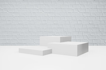 Display product stand, Three white blocks podium on white paint bricks background. 3D rendering illustration