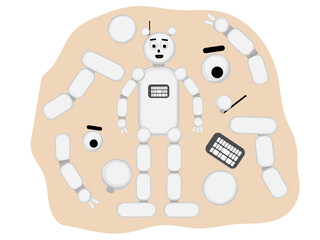 A robot in the form of an abstract person and its parts. Illustration for the design of a master class, mug, robotics lesson on a white background.