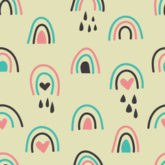 Bohemian hand drawn seamless pattern with rainbow and rain