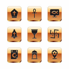 Set Pope hat, Star and crescent, Muslim Mosque, Holy grail or chalice, Church bell, Christian fish, of David and Cross ankh icon. Vector