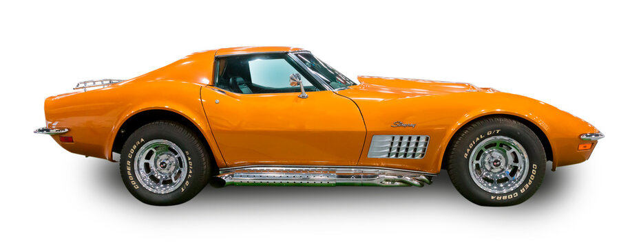 The Vintage American sports car Chevrolet Corvette Stingray 1969. White background.